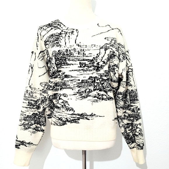 Cider Sweaters - Cider Women’s Landscape Print Sweater Medium Cream Black Round Neck Regular Fit